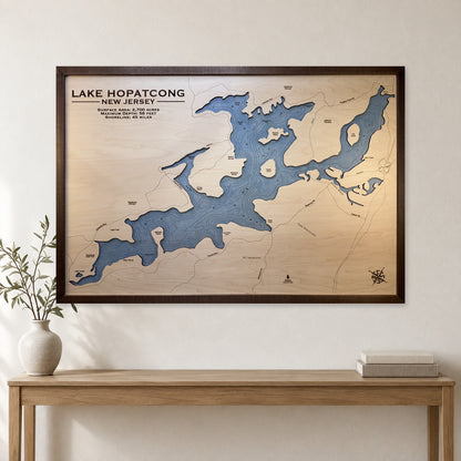 Hopatcong Rockett wood map — single layer with engraved contours, staged room mockup