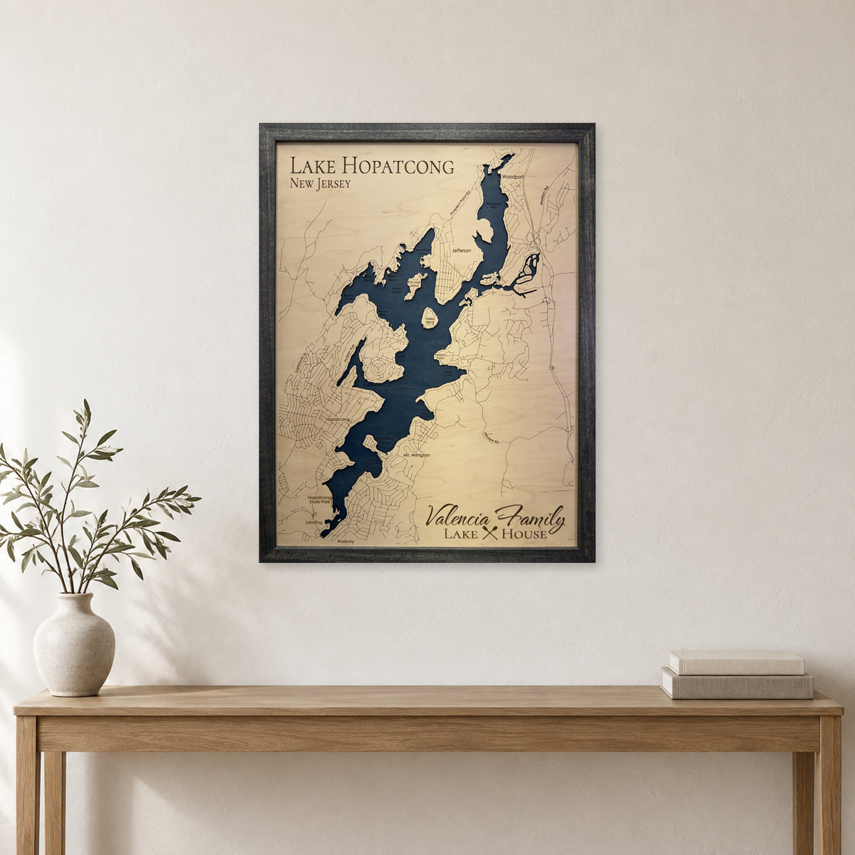 Hopatcong Valencia wood map — single layer, staged room mockup