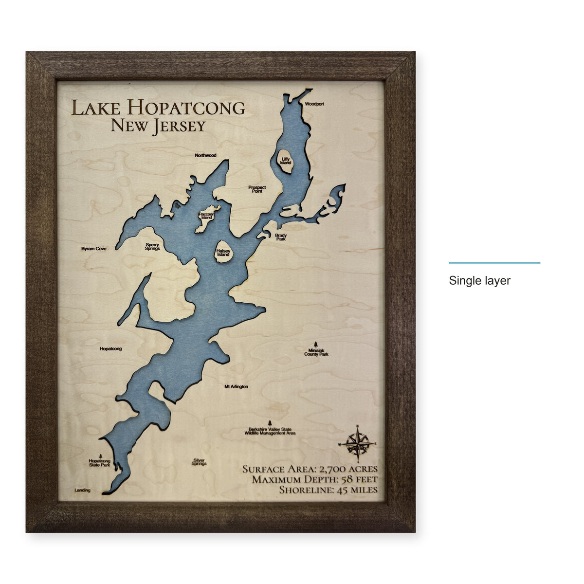 Hopatcong Walnut Single wood map — single layer, layer option shown
