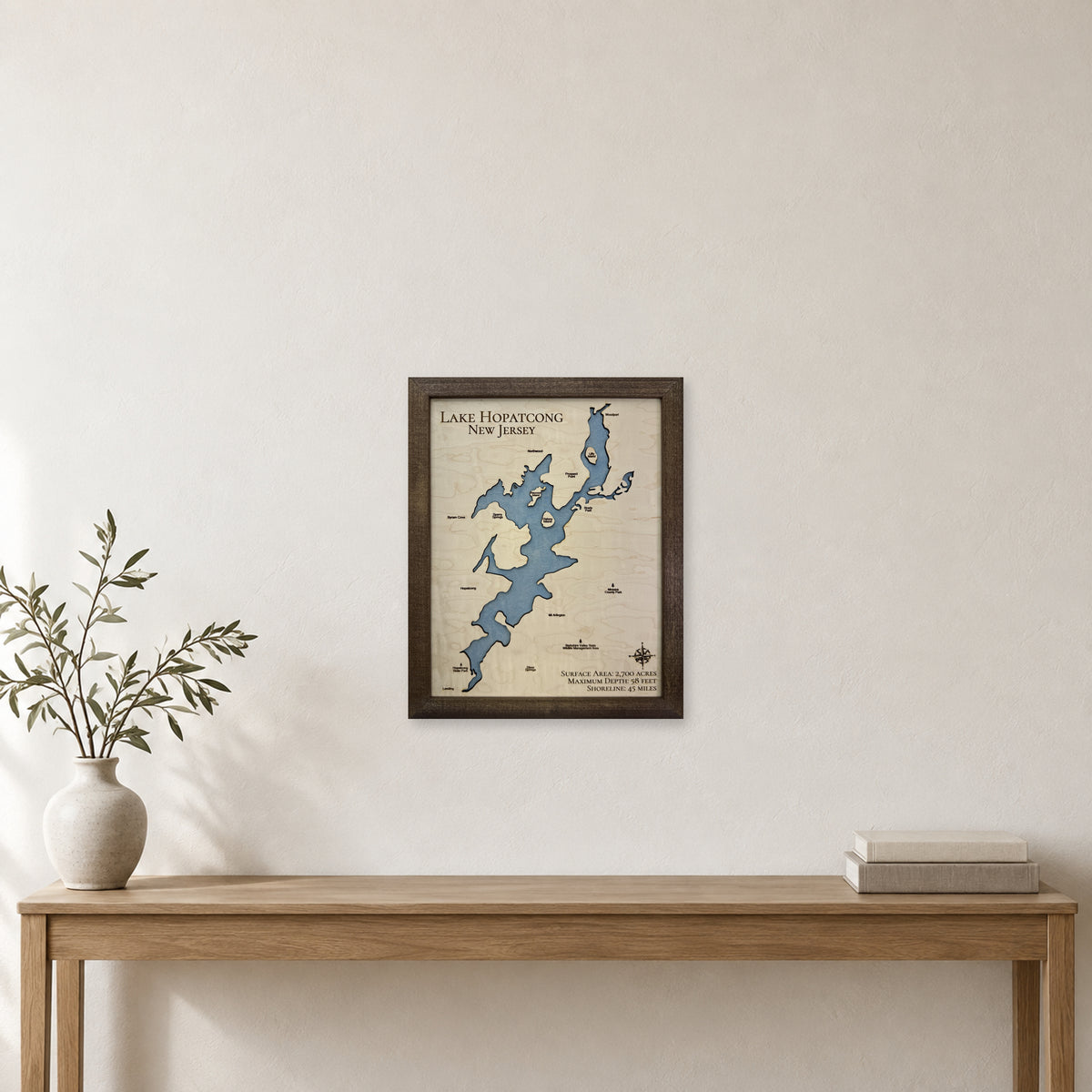Hopatcong Walnut Single wood map — single layer, staged room mockup