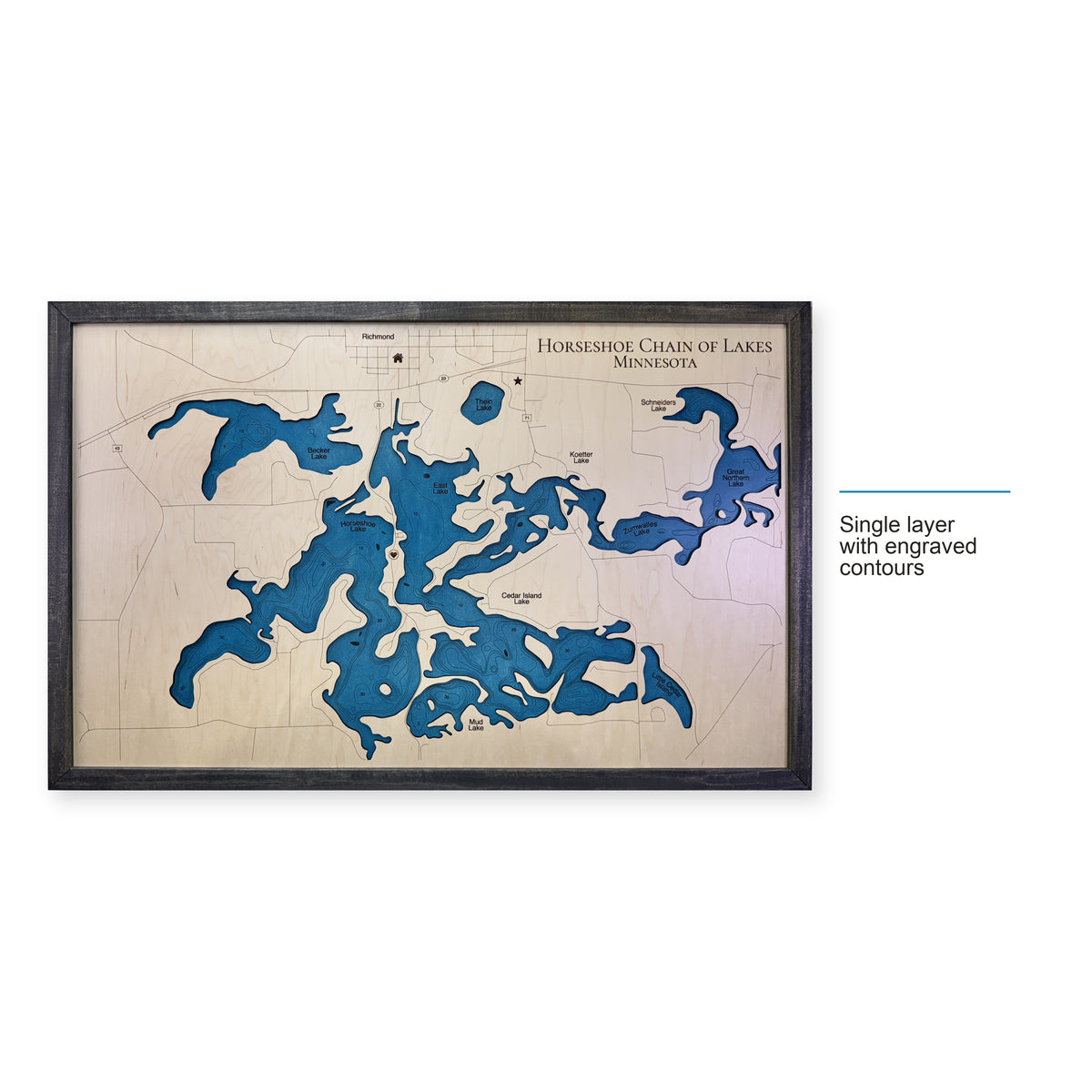 Horseshoe Chain Minnesota wood map — single layer with engraved contours, layer option shown