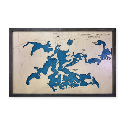 Horseshoe Chain Minnesota wood map — single layer with engraved contours, white background