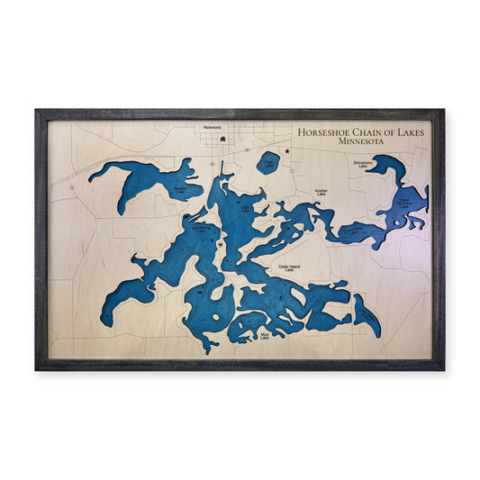 Horseshoe Chain Minnesota wood map — single layer with engraved contours, white background
