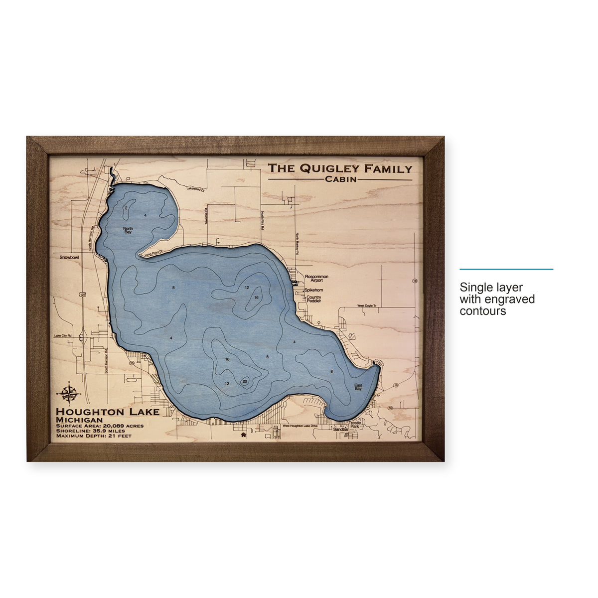Houghton Quigley wood map — single layer with engraved contours, layer option shown