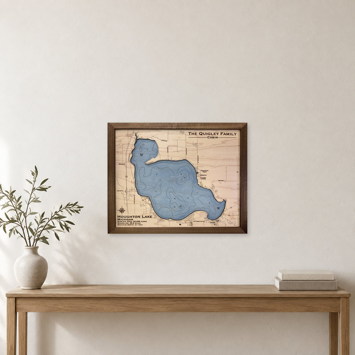 Houghton Quigley wood map — single layer with engraved contours, staged room mockup