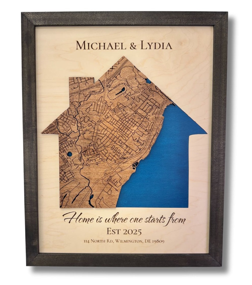A house-shaped map showing the couple's neighborhood and coastline.