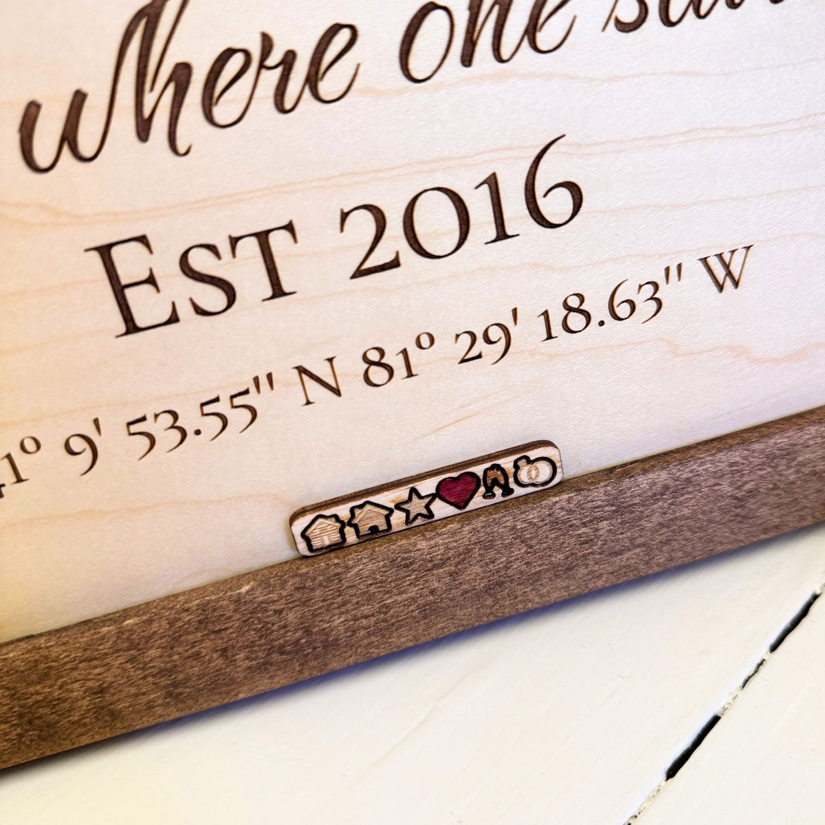 Close up image of removable icons and personalized engraved text. 