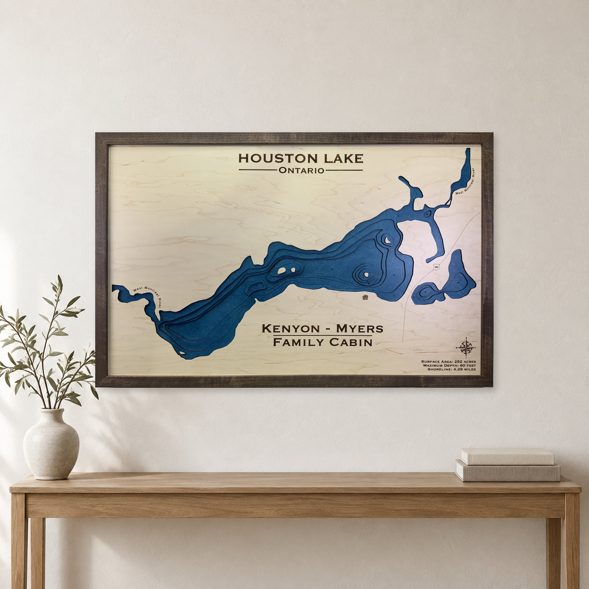 Houston Kenyon wood map — multilayer, staged room mockup