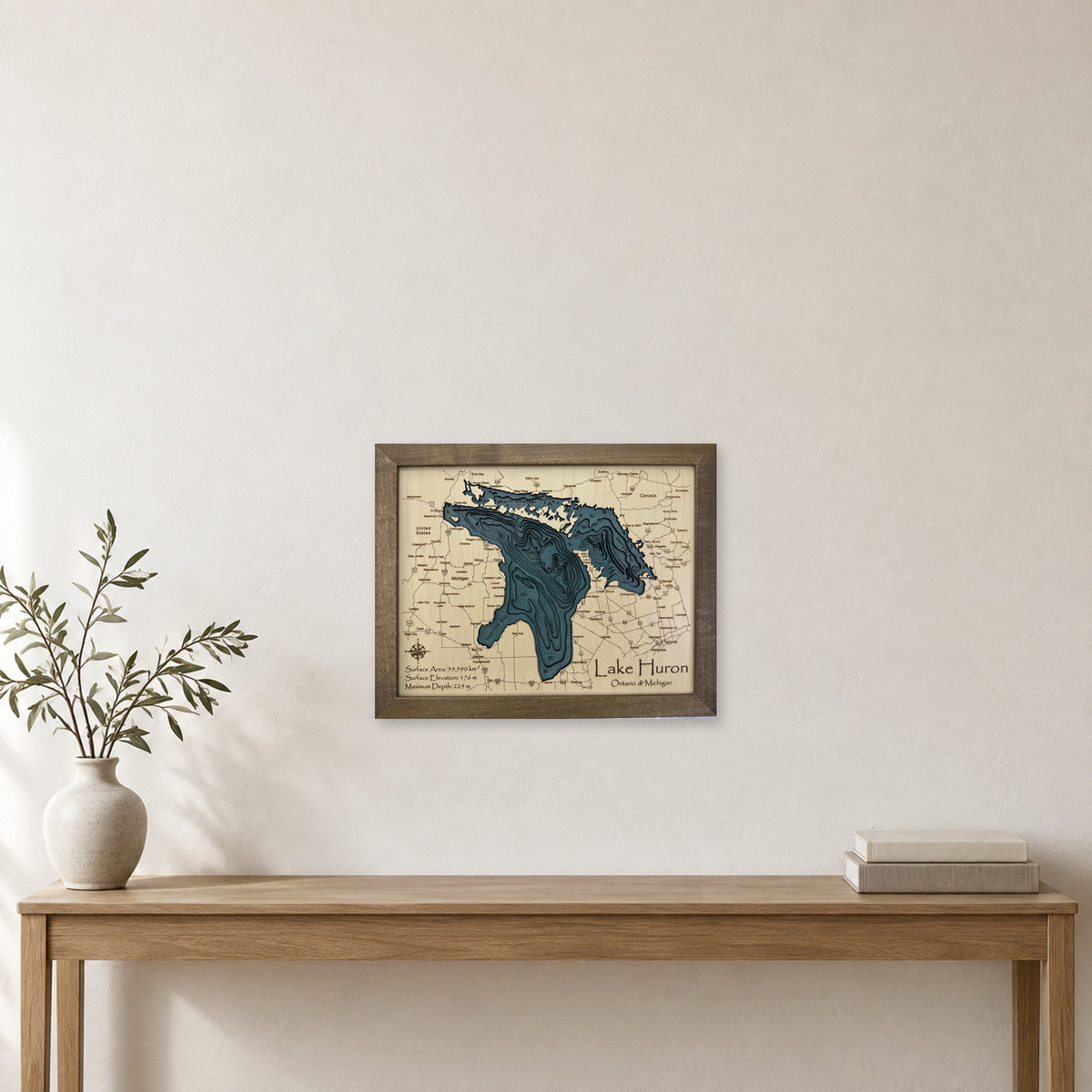 Huron Stryker wood map — multilayer, staged room mockup