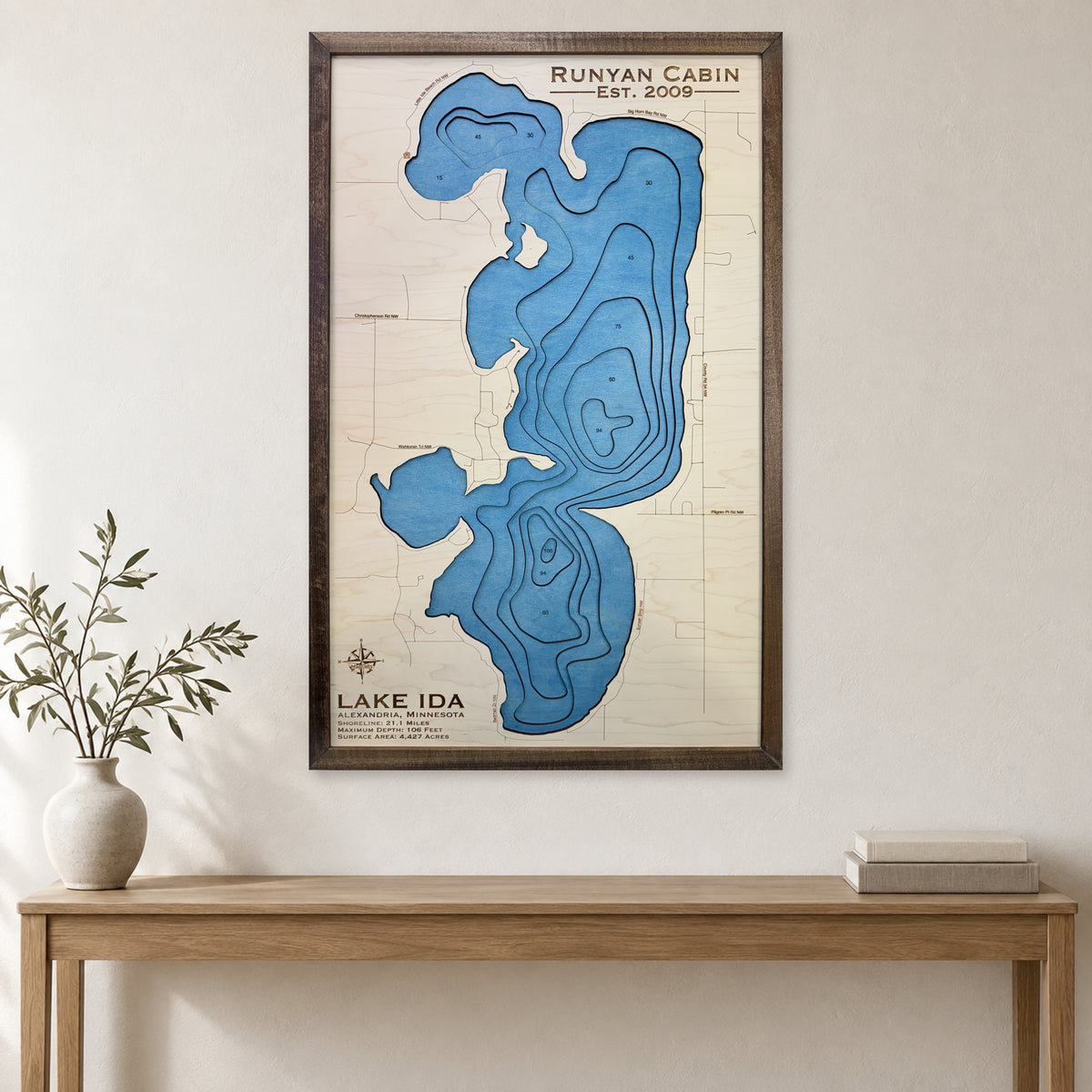Ida Runyan wood map — multilayer, staged room mockup