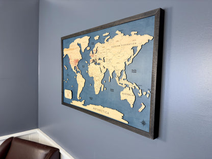 Wooden Pin World Travel Map with Pins