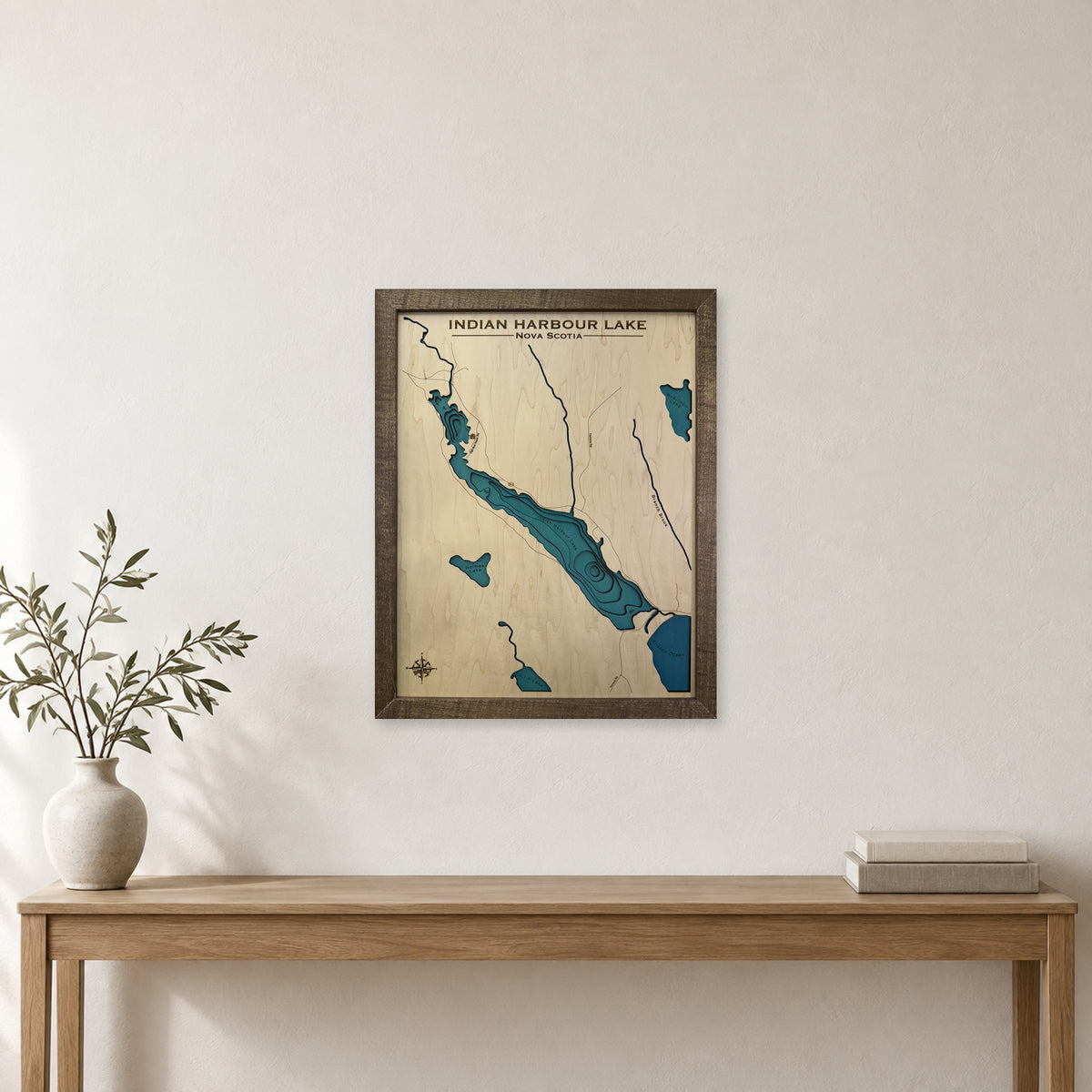 Indian Harbour Nova Scotia wood map — multilayer, staged room mockup