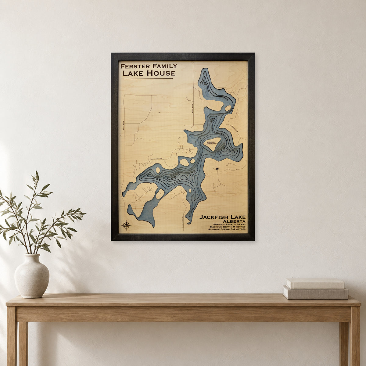 Jackfish Ferster wood map — multilayer, staged room mockup