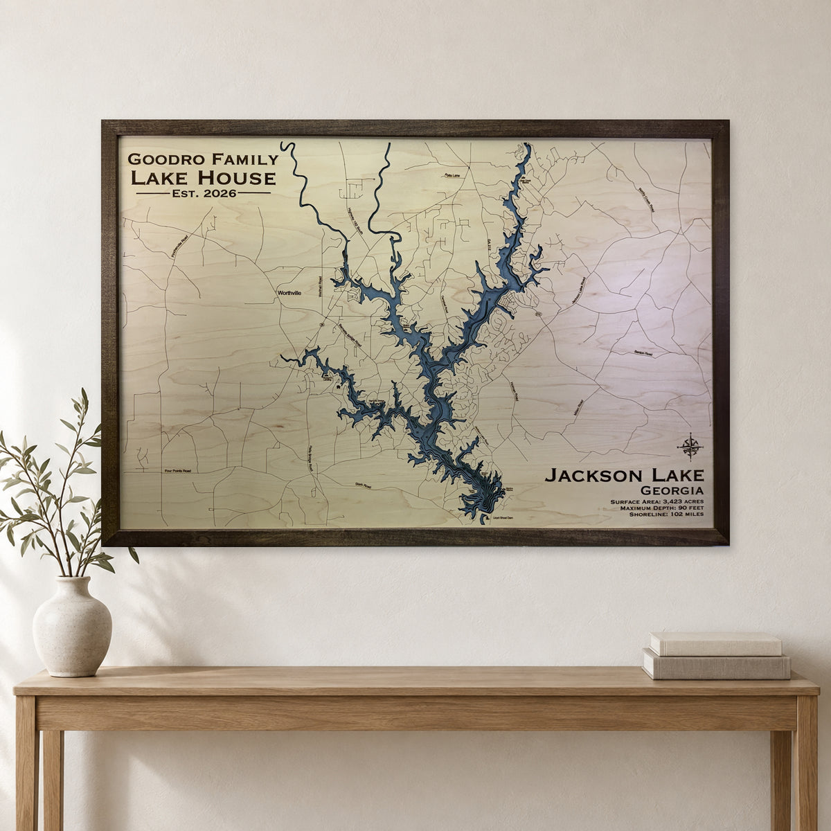 Jackson Goodro wood map — multilayer, staged room mockup