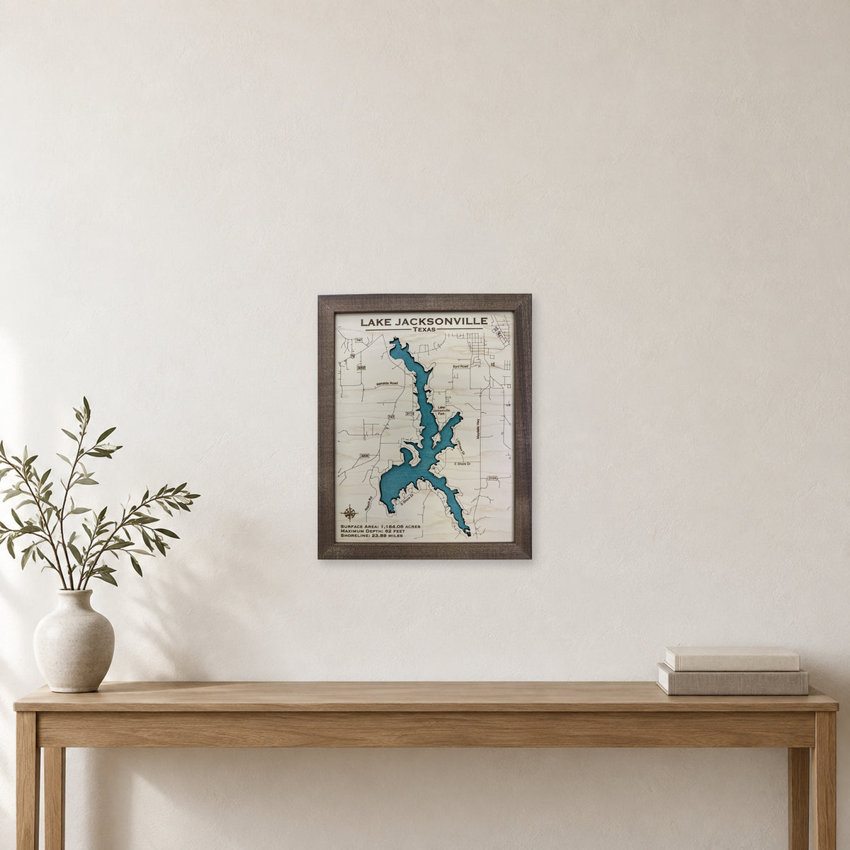 Jacksonville Lake wood map — single layer, staged room mockup