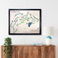 Framed wooden golf map of Jefferson City Country Club on a wall above a wooden console table.