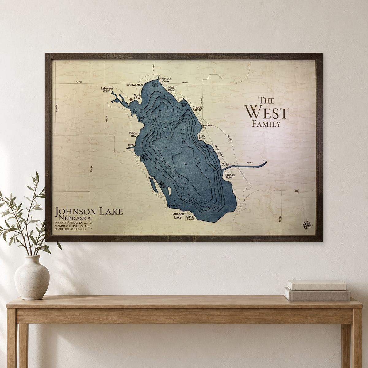 Johnson West wood map — multilayer, staged room mockup