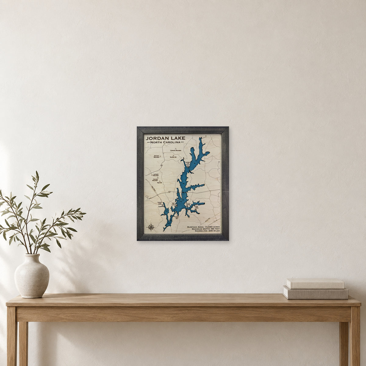 Jordan Engraved wood map — single layer with engraved contours, staged room mockup