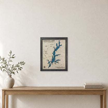 Jordan Engraved wood map — single layer with engraved contours, staged room mockup