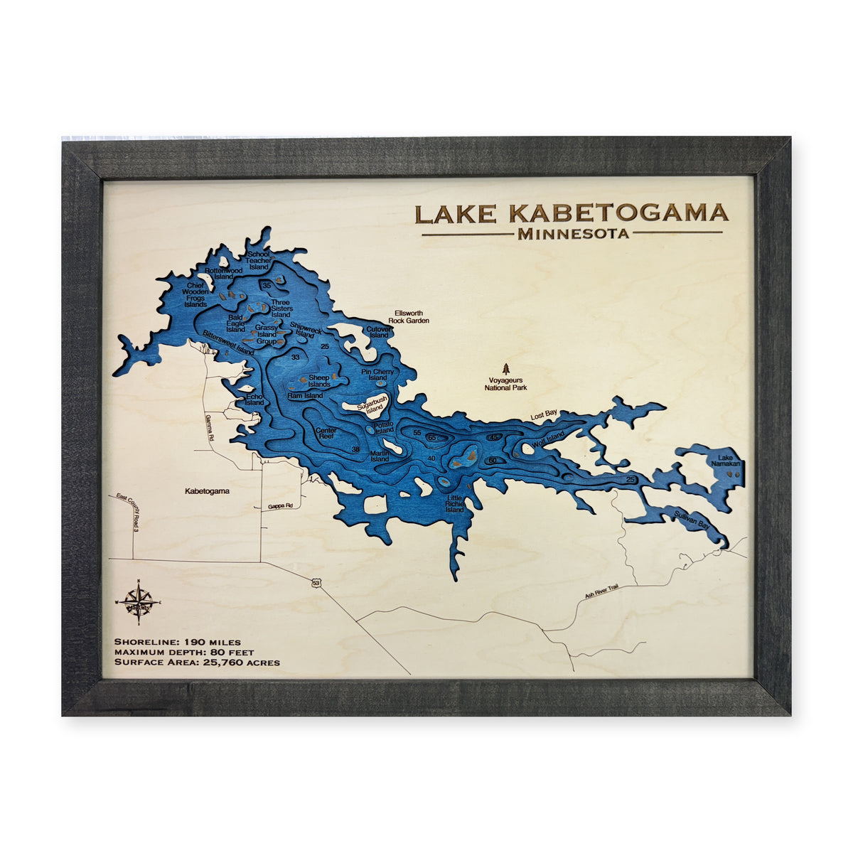 Kabetogama Black wood map — multilayer, white background