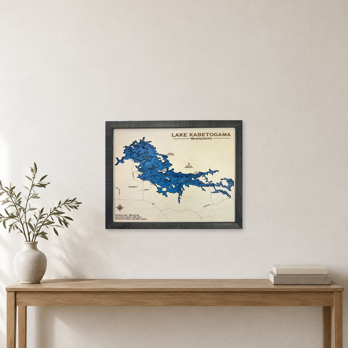 Kabetogama Black wood map — multilayer, staged room mockup