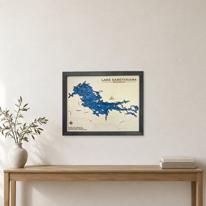 Kabetogama Black wood map — multilayer, staged room mockup