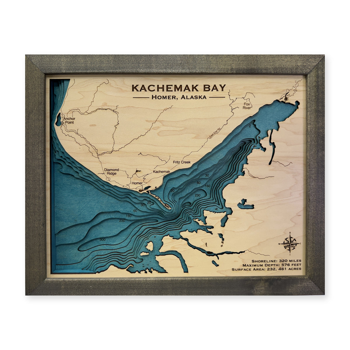 Kachemak Bay wood map — multilayer, white background