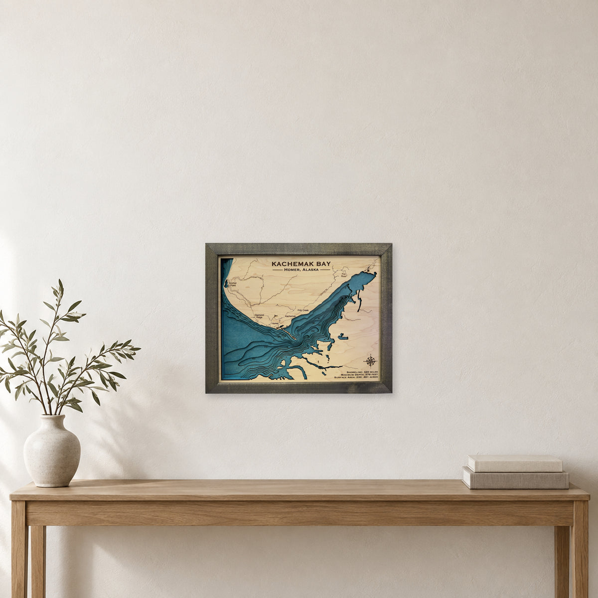 Kachemak Bay wood map — multilayer, staged room mockup