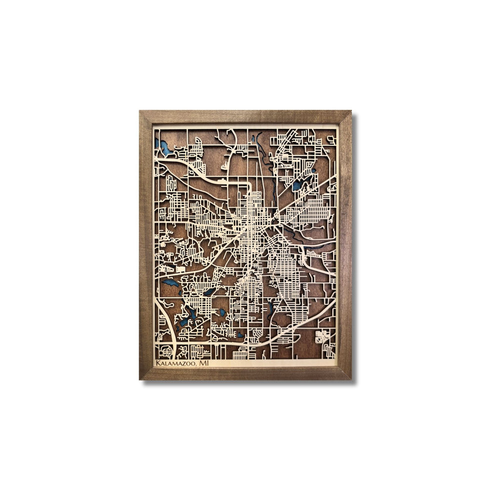 Wooden framed city map of Kalamazoo, MI on a white background