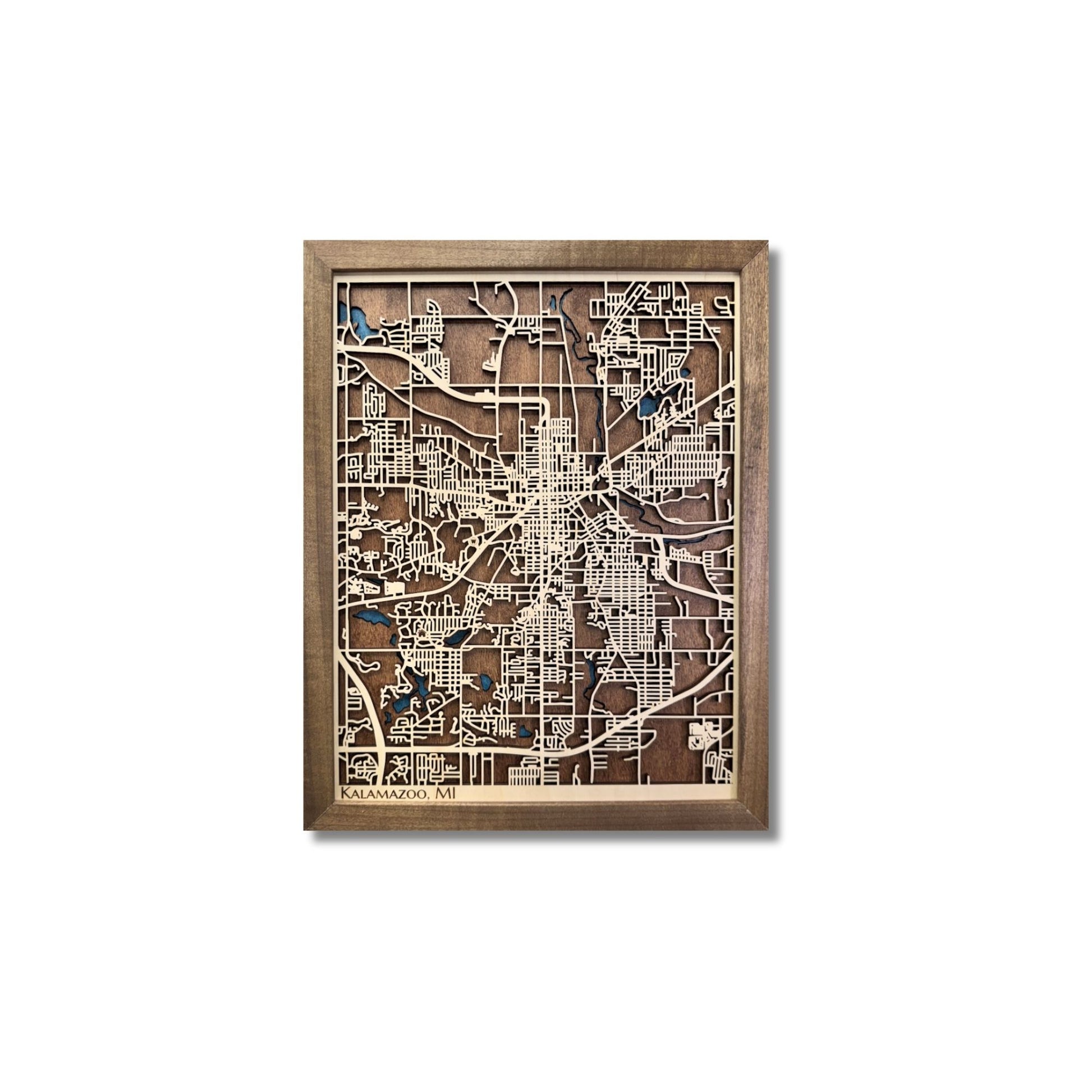 Wooden framed city map of Kalamazoo, MI on a white background