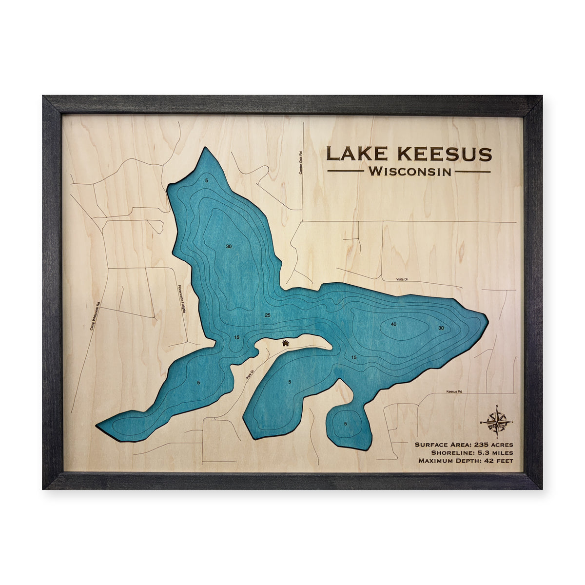 Keesus Black wood map — single layer with engraved contours, white background