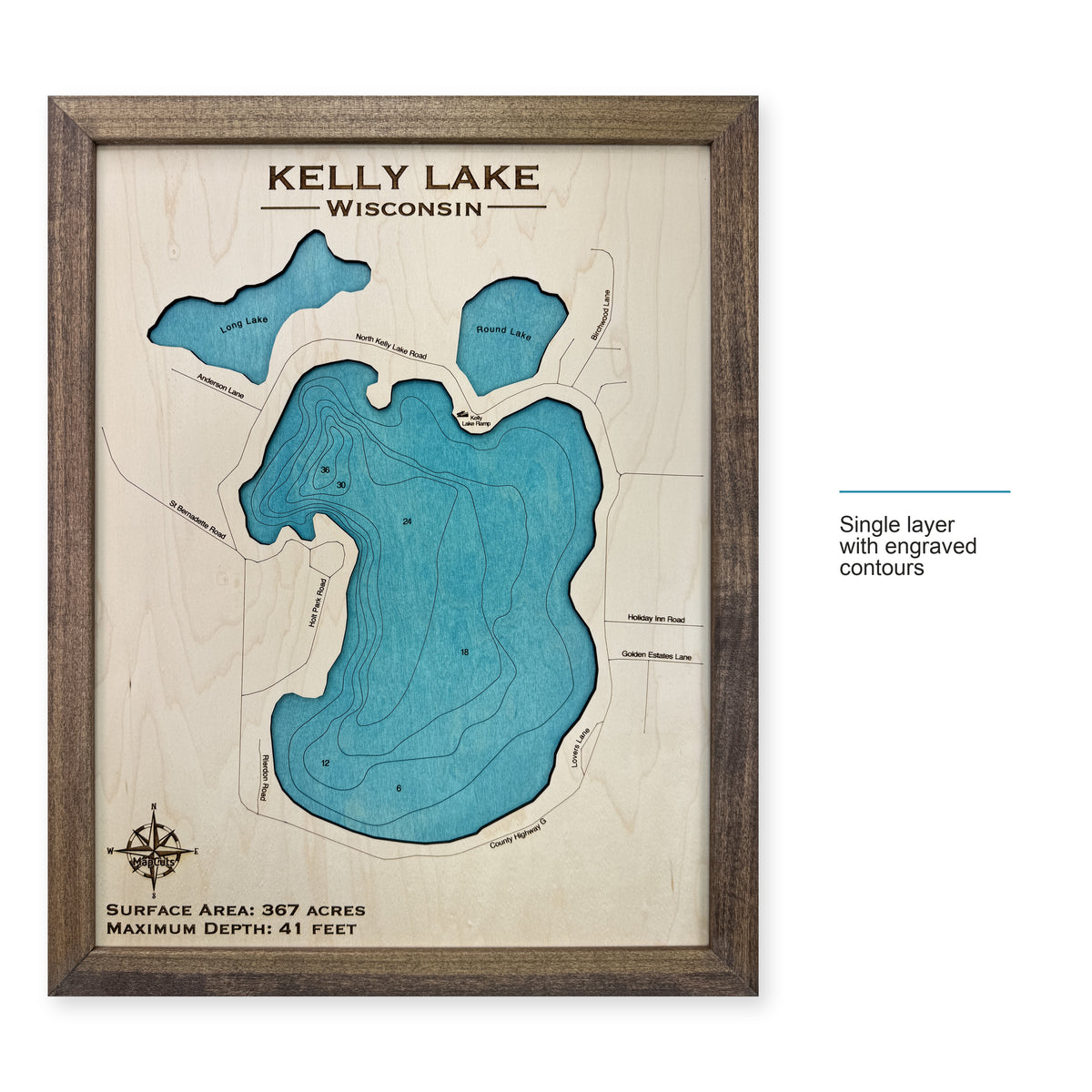 Kelly Lake Engraved wood map — single layer with engraved contours, layer option shown