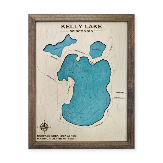 Kelly Lake Engraved wood map — single layer with engraved contours, white background