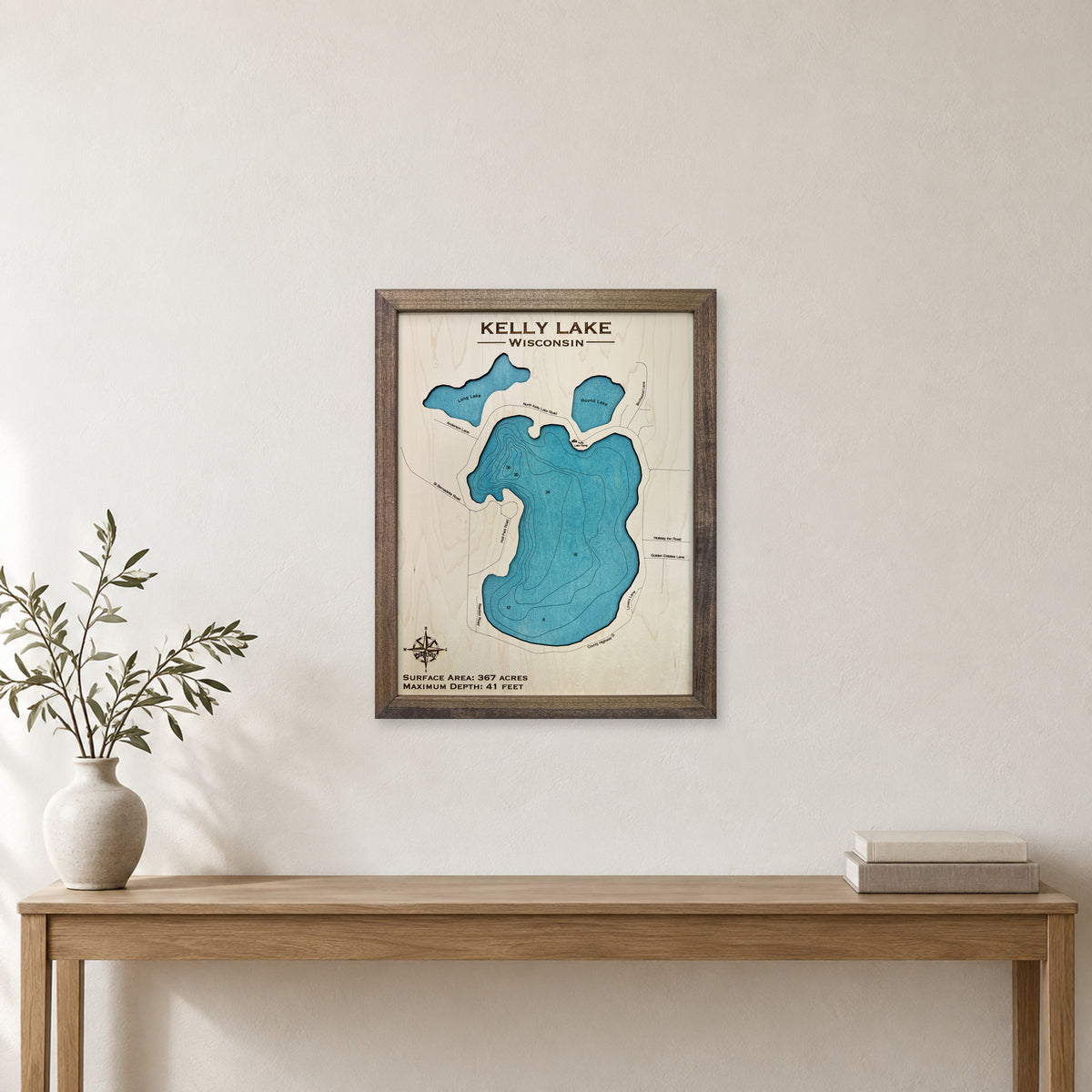 Kelly Lake Engraved wood map — single layer with engraved contours, staged room mockup