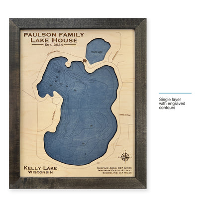 Kelly Paulson wood map — single layer with engraved contours, layer option shown