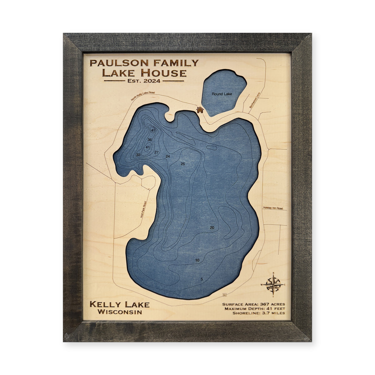 Kelly Paulson wood map — single layer with engraved contours, white background