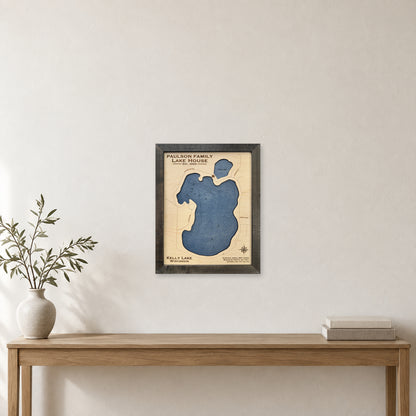 Kelly Paulson wood map — single layer with engraved contours, staged room mockup