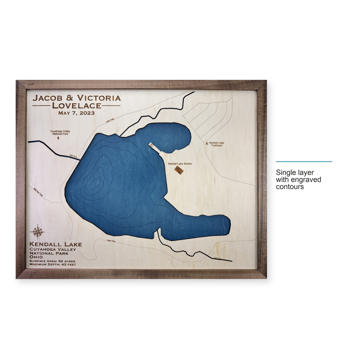 Kendall Lovelace wood map — single layer with engraved contours, layer option shown