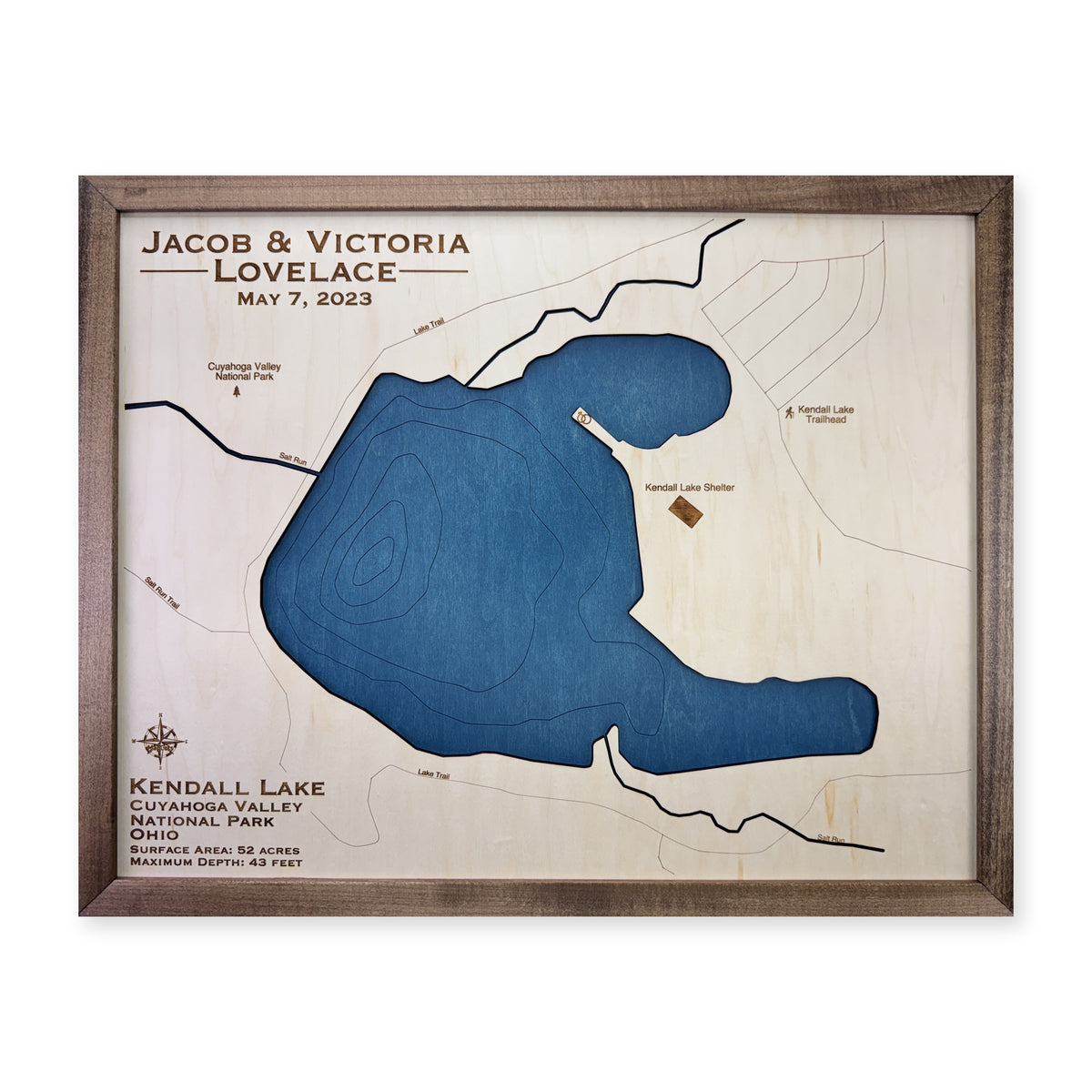 Kendall Lovelace wood map — single layer with engraved contours, white background
