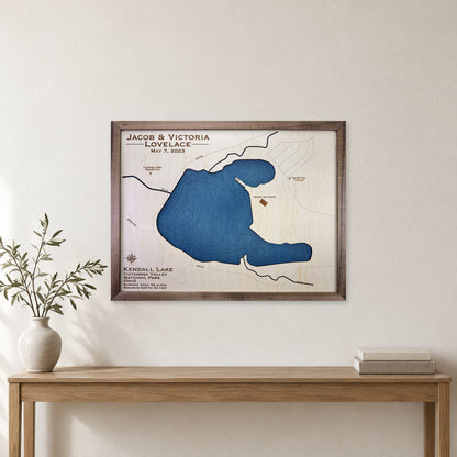 Kendall Lovelace wood map — single layer with engraved contours, staged room mockup