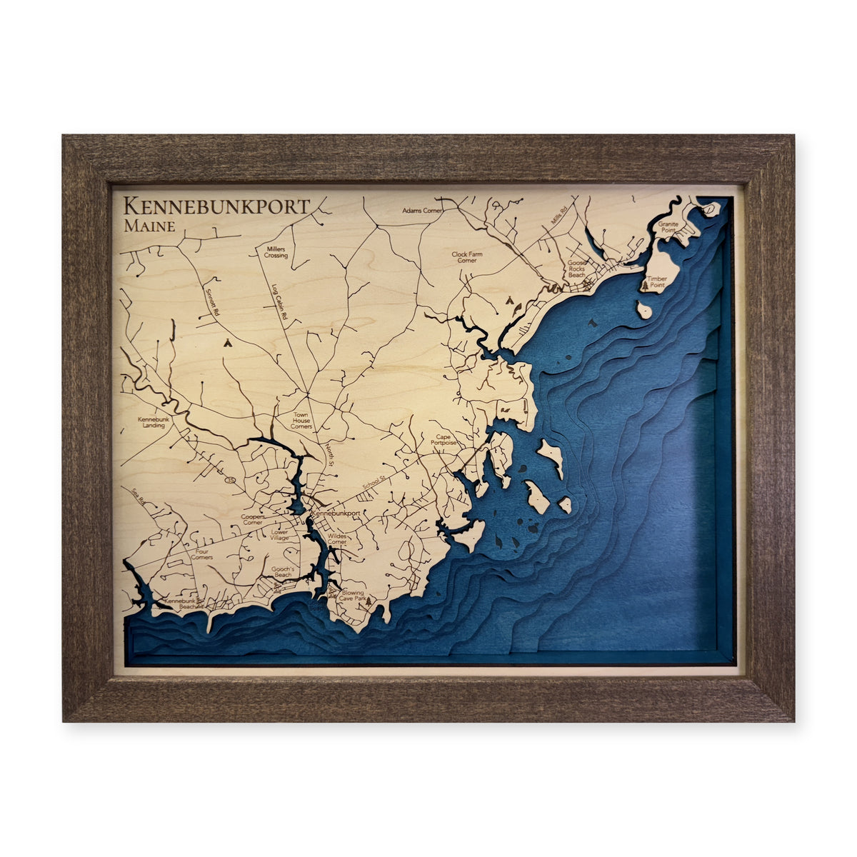 Kennebunkport Maine wood map — multilayer, white background