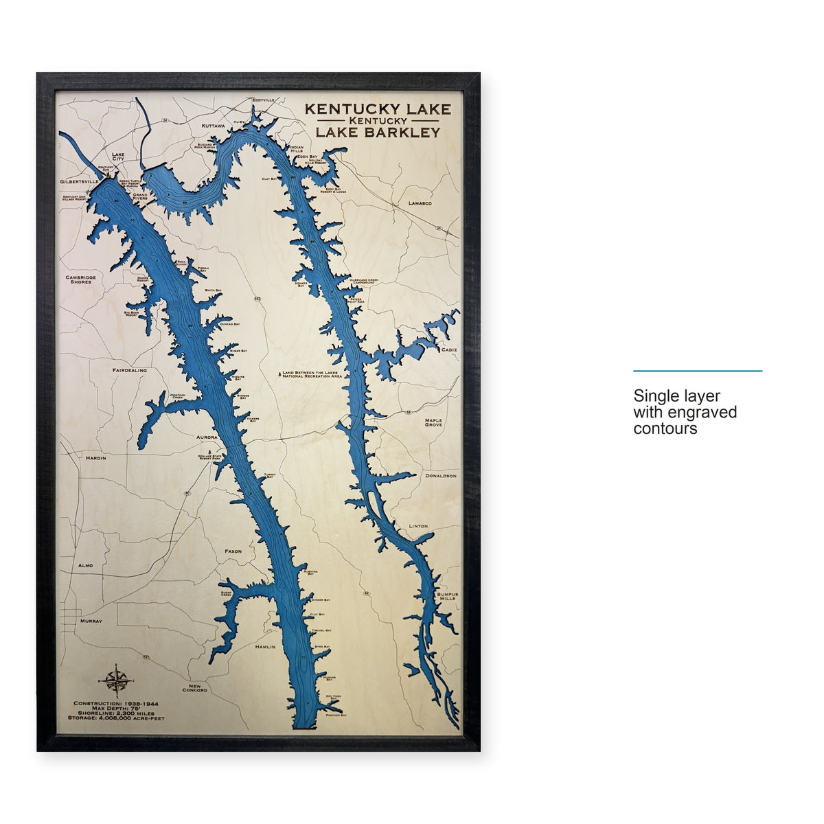 Kentucky Barkley Engraved wood map — single layer with engraved contours, layer option shown