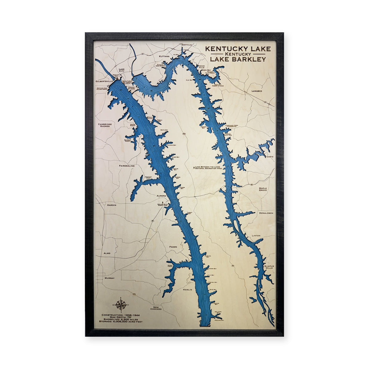 Kentucky Barkley Engraved wood map — single layer with engraved contours, white background