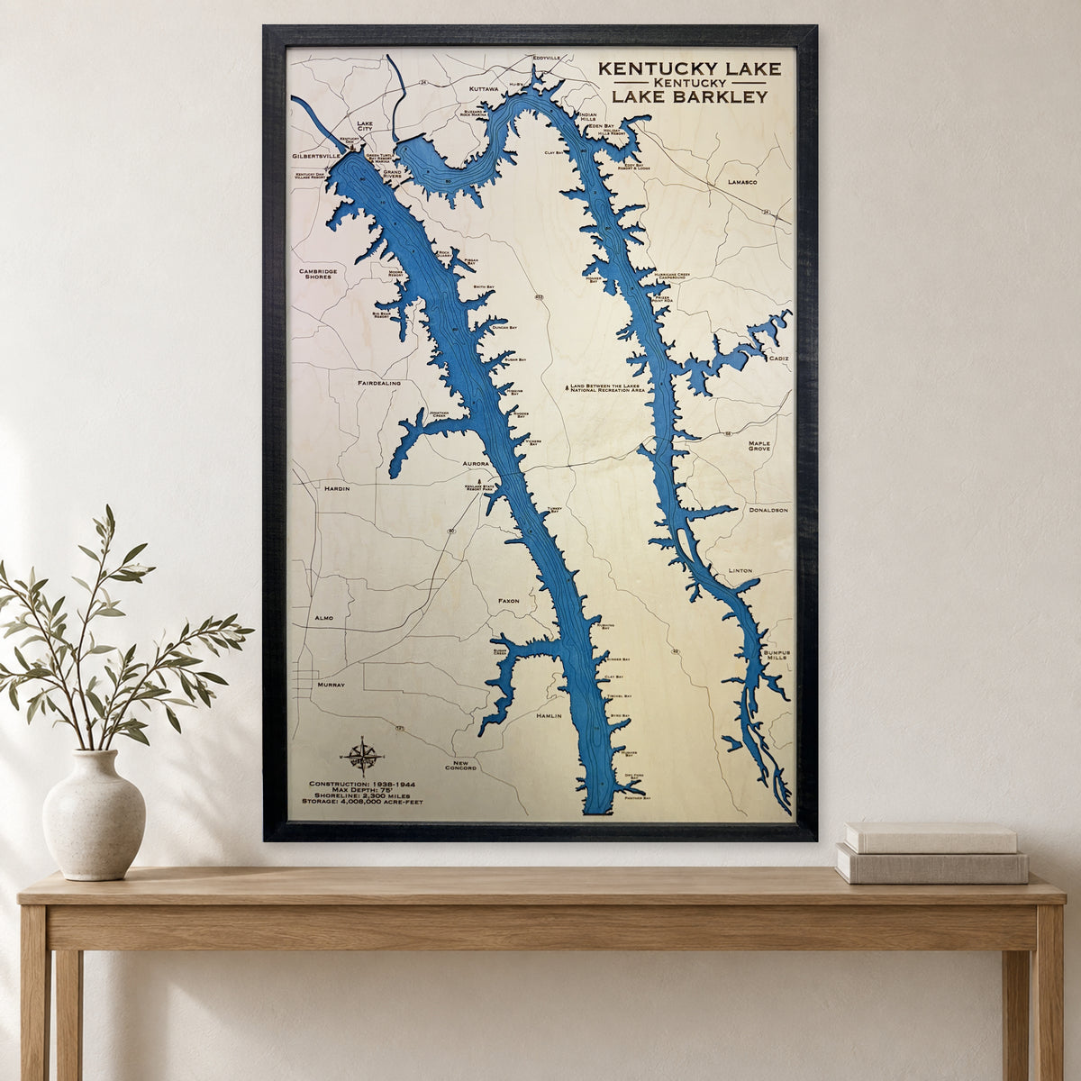 Kentucky Barkley Engraved wood map — single layer with engraved contours, staged room mockup