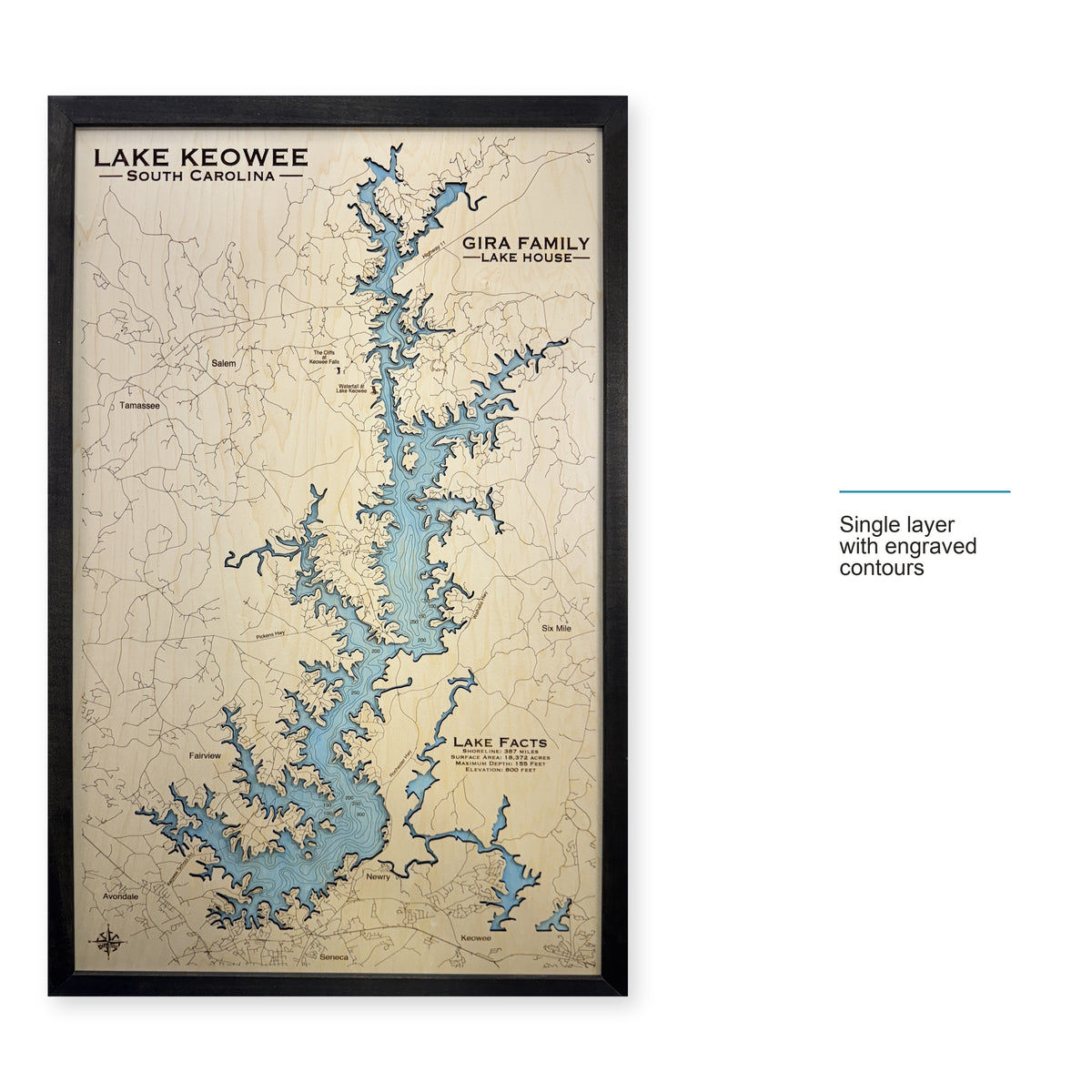 Keowee Gira wood map — single layer with engraved contours, layer option shown