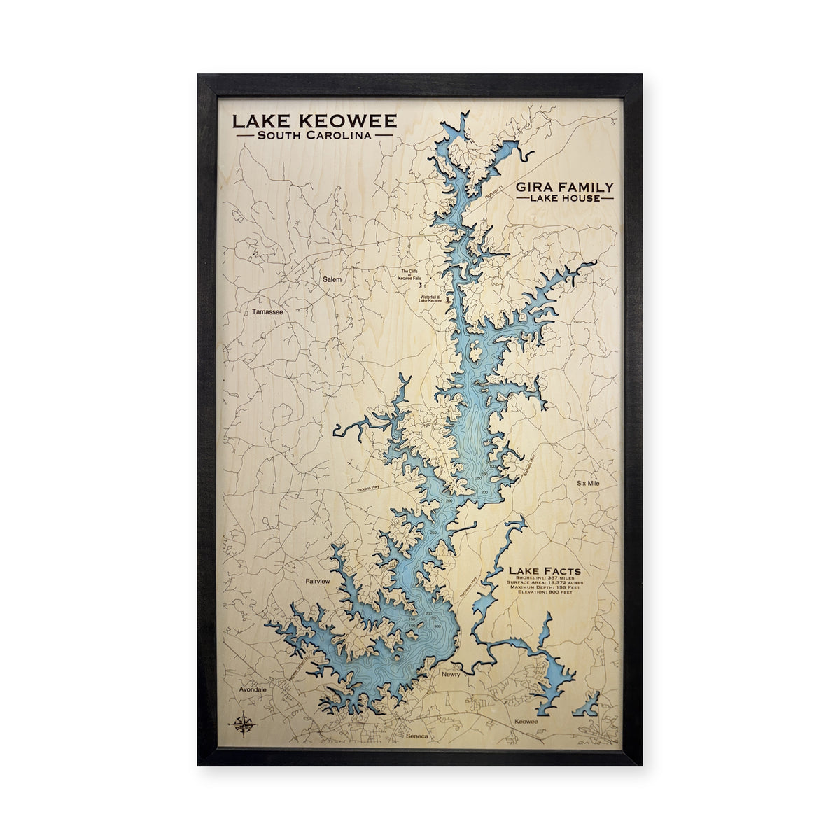 Keowee Gira wood map — single layer with engraved contours, white background