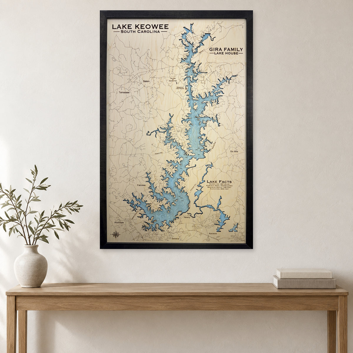 Keowee Gira wood map — single layer with engraved contours, staged room mockup