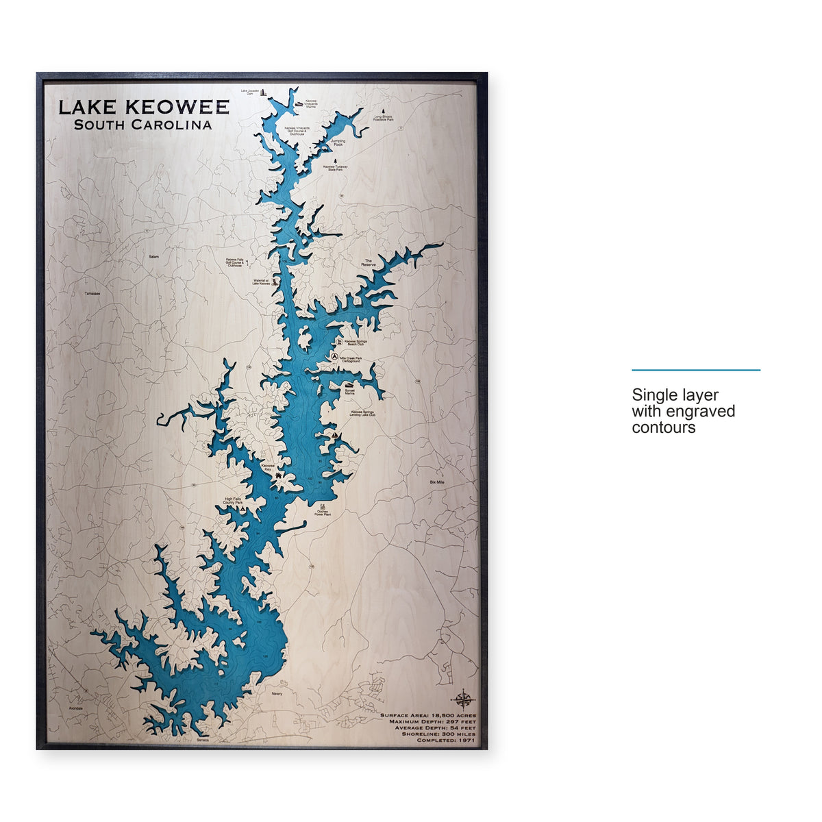 Keowee Large Engraved wood map — single layer with engraved contours, layer option shown