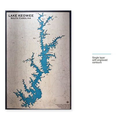 Keowee Large Engraved wood map — single layer with engraved contours, layer option shown