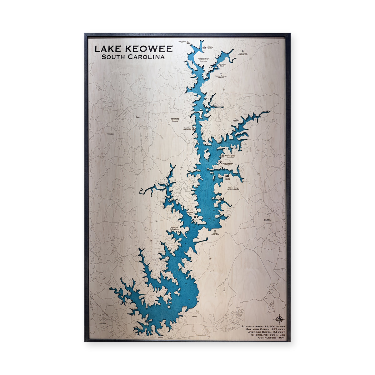 Keowee Large Engraved wood map — single layer with engraved contours, white background